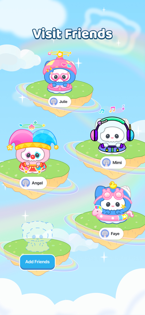 Adoraboo - Raise Boos Together - Visit friends menu in Adoraboo showing cute characters on floating islands