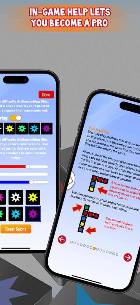 Qwirkle - Qwirkle mobile app tutorial pages showing how to play and custom tile settings