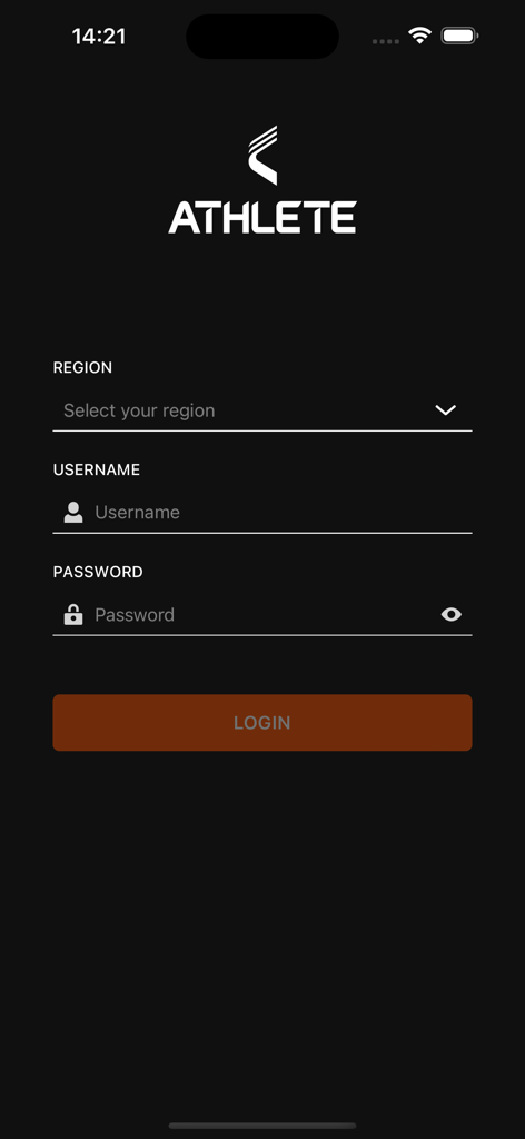 Schermata di accesso dell'app Catapult Athlete con campi per regione, nome utente e password