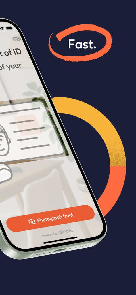 IDnow Verify - Smartphone screen of IDnow Verify app showing an automated identification flow with a photograph front button