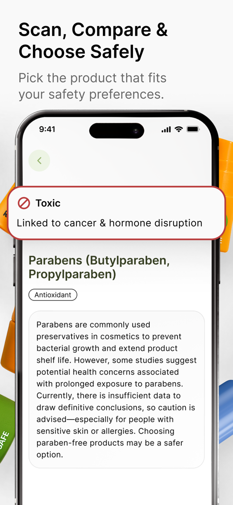 Skincare Ingredient Checker - Mobile app screen showing a toxic warning for parabens in cosmetic products with health risk details