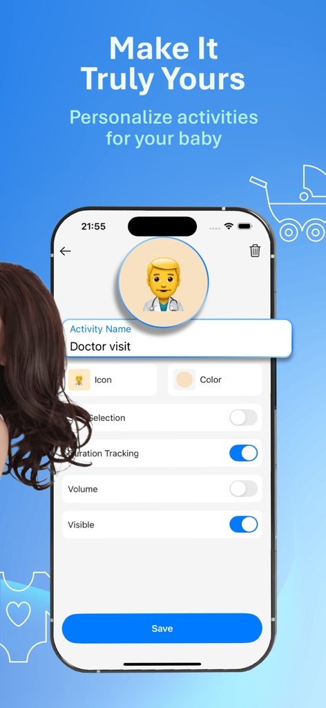 Babystart – Baby Tracker & Log - Screenshot der Babystart App-Oberfläche zur Personalisierung von Babyaktivitäten wie Arztbesuchen mit benutzerdefinierten Symbolen und Einstellungen.