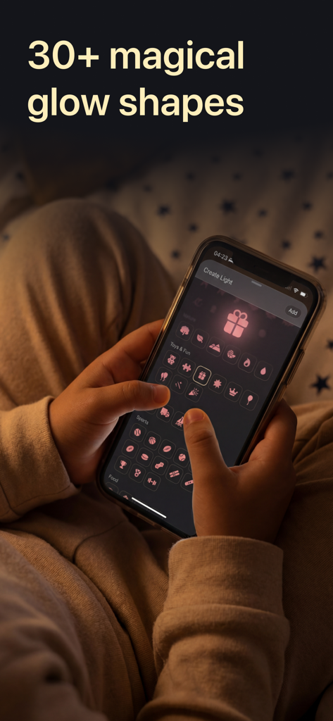 Baby Night Light - Nala - Una persona seleccionando una forma de brillo personalizada del menú en la aplicación de luz nocturna para bebés Nala