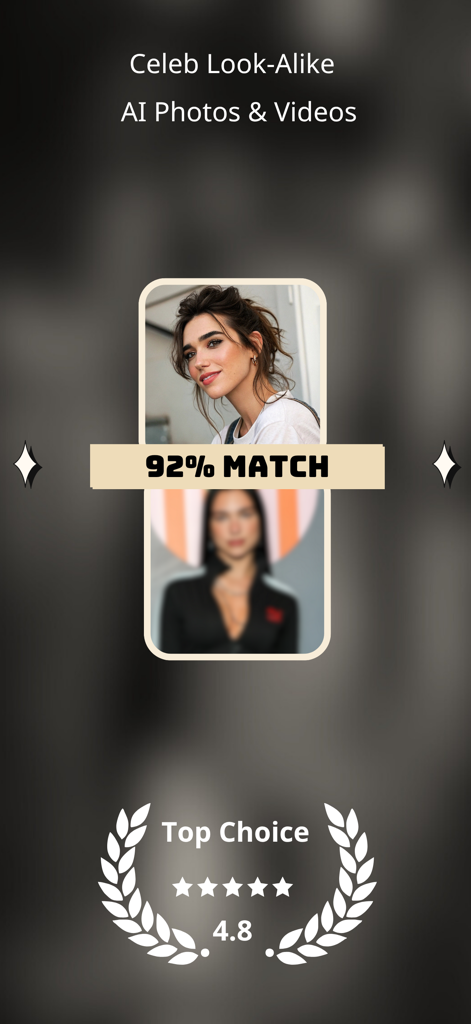 Kimo: AI Photo & Face Analyzer - Kimo AI app interface showing a celebrity lookalike match with ninety two percent accuracy