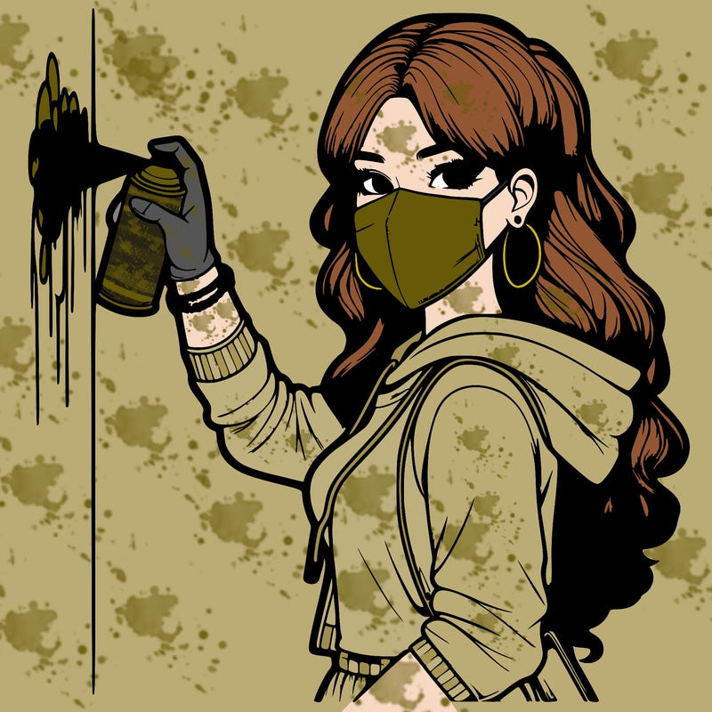 realistic girl with mask spray painting a wall