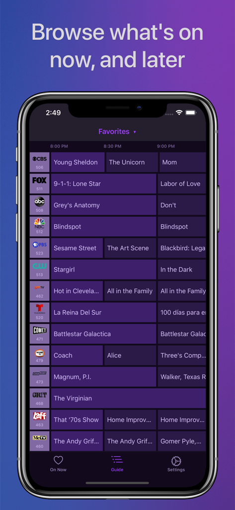 Channels for HDHomeRun app showing a full grid television guide on an iPhone screen.
