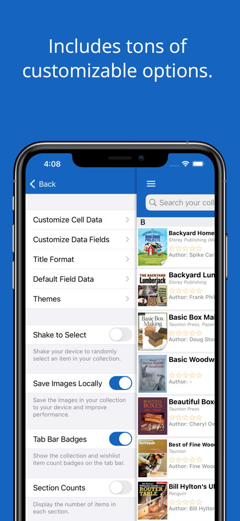 iCollect Books: Library List - A smartphone screen displaying the customization settings menu of the iCollect Books library management app.