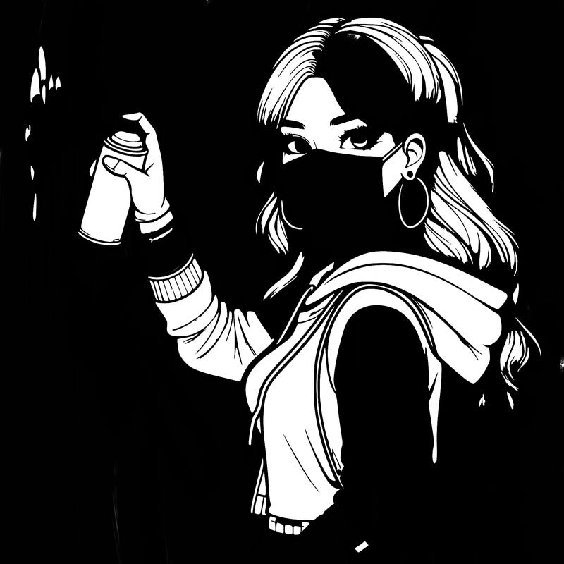 realistic girl with mask spray painting a wall