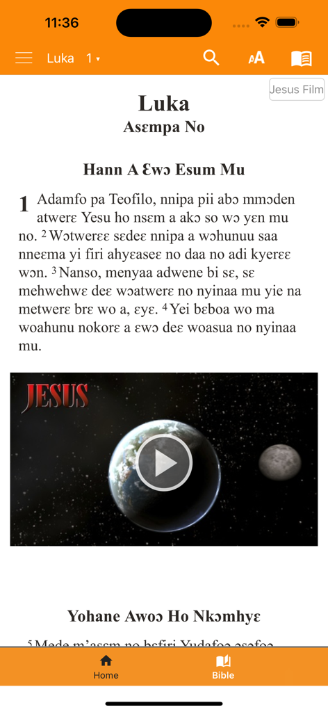 Asante Twi Bible mobile app displaying scripture from the Gospel of Luke with integrated video player