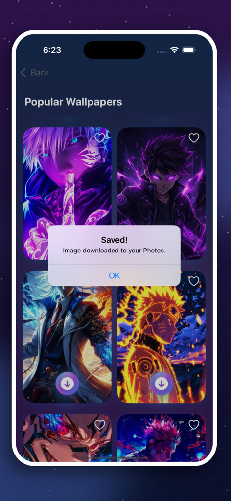 Galería de fondos de pantalla de anime populares en la aplicación con un mensaje de confirmación que dice Imagen guardada descargada en tus fotos.
