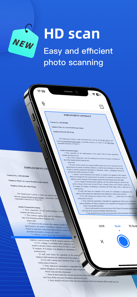 Doc Scan：OCR and PDF Scanner - Smartphone using Doc Scan app to perform an HD scan of an employment contract.
