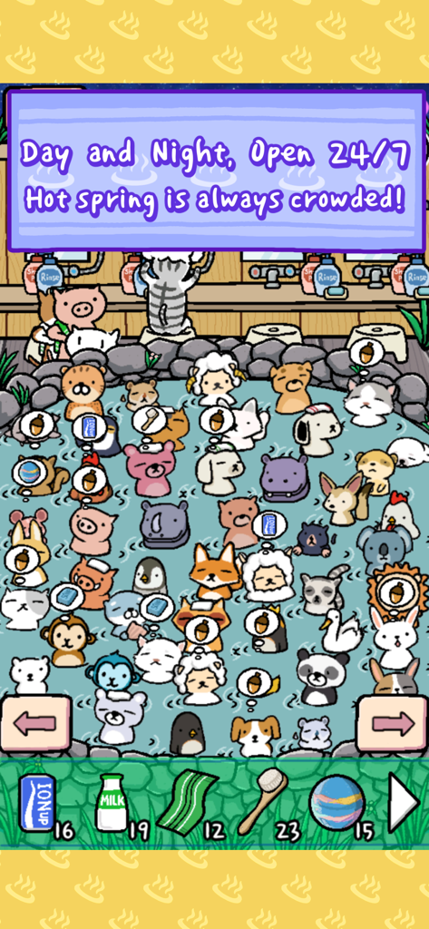 Multiple cute animals bathing together in a crowded hot spring pool