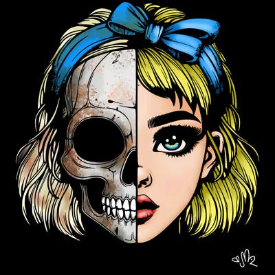 realistic girl with half skull mask