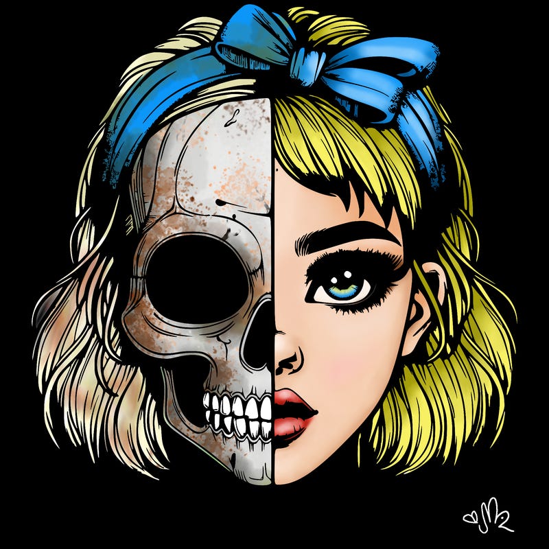realistic girl with half skull mask