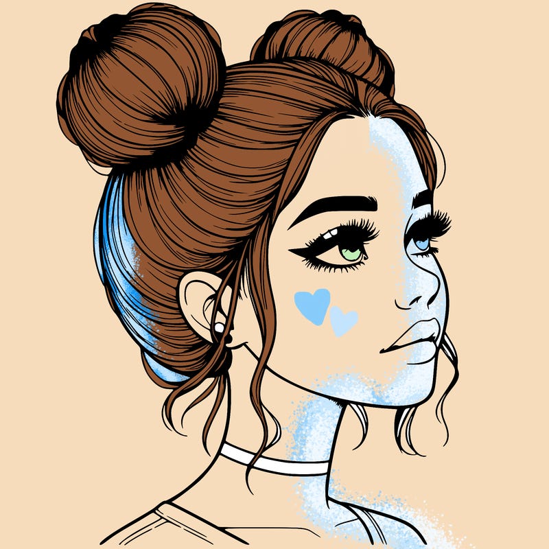 realistic girl with buns on the top of her head