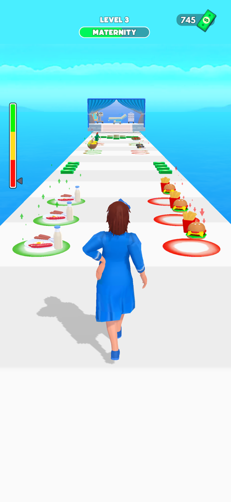 Good Mom Bad Mom Run Games - A character in a maternity level of a runner game choosing between healthy food and fast food.