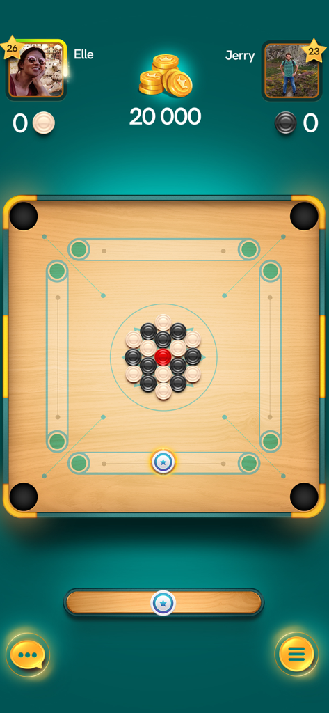 Interface de jogo de tabuleiro de carrom digital mostrando uma partida multijogador entre dois jogadores com um prêmio em dinheiro.