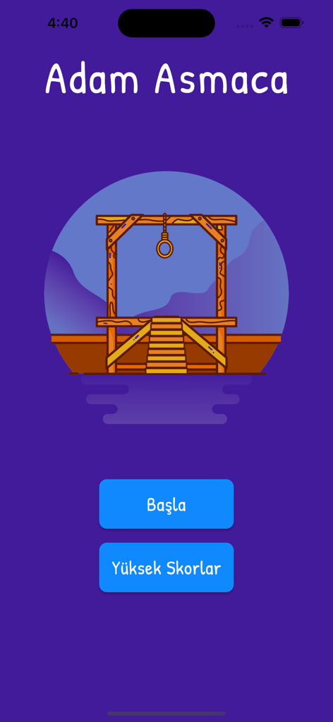 Adam Asmaca - TR - Main menu of the Adam Asmaca Turkish word game featuring a gallows illustration and play buttons