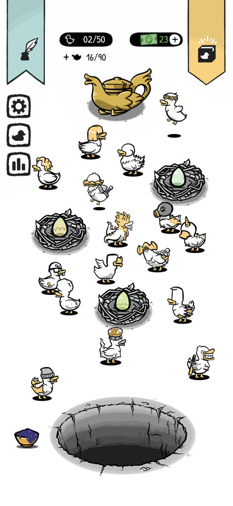 Mutated ducks and nests above a dark hole in the Clusterduck mobile game