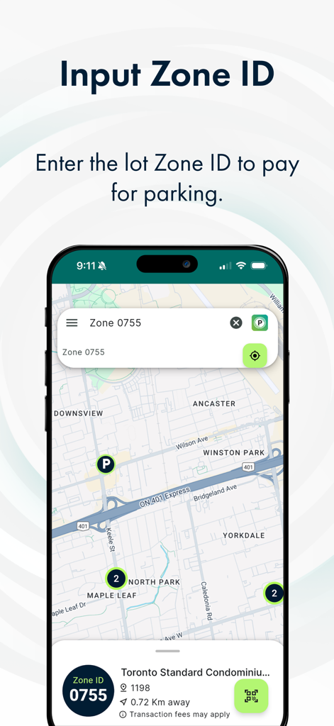 Parkedin™ - Interfaz de la aplicación Parkedin para introducir un ID de zona de aparcamiento con una vista de mapa integrada