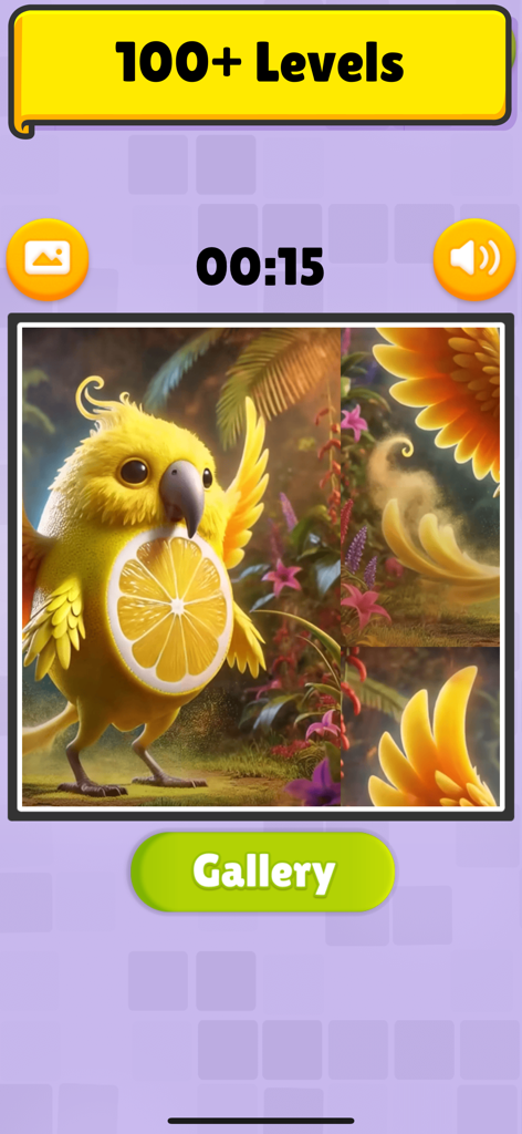 Brainrot Puzzle: Meme Animals - Uma tela de jogo móvel do Brainrot Puzzle apresentando um pássaro amarelo com uma barriga de limão sendo montado como um quebra-cabeça