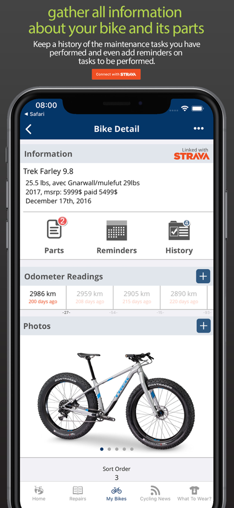 Mobile app screen showing bicycle details maintenance history and parts tracking for a Trek Farley mountain bike