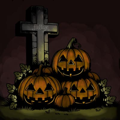 realistic jack-o-lanterns stacked beside a tombstone