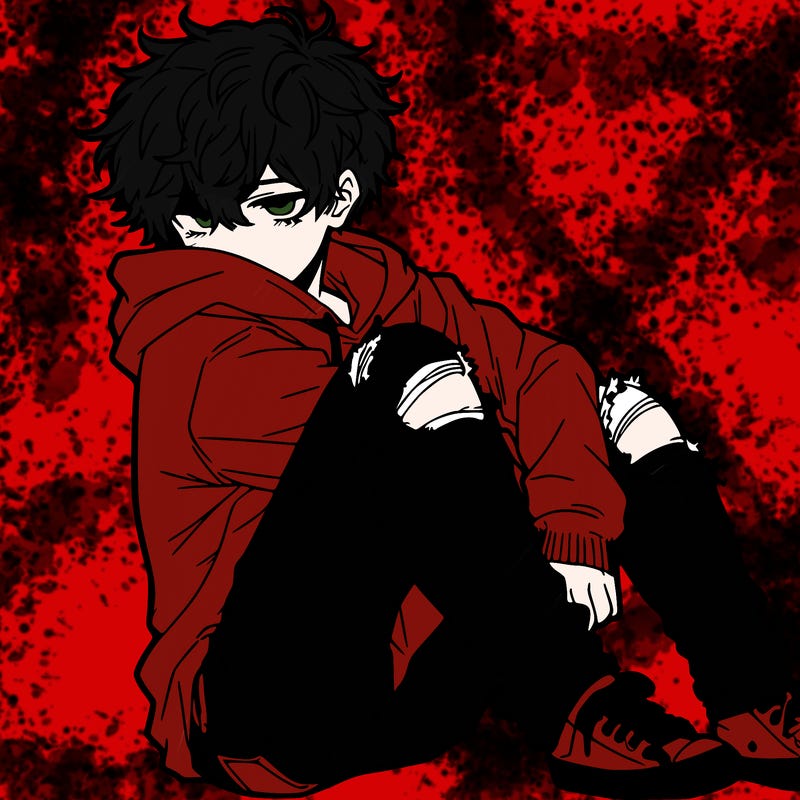 a male hoddie ripped jeans messy hair anime