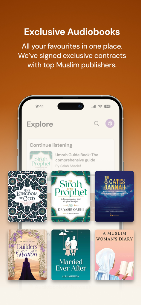 Explore page of the Chaptrs mobile app featuring exclusive Islamic audiobook titles and covers