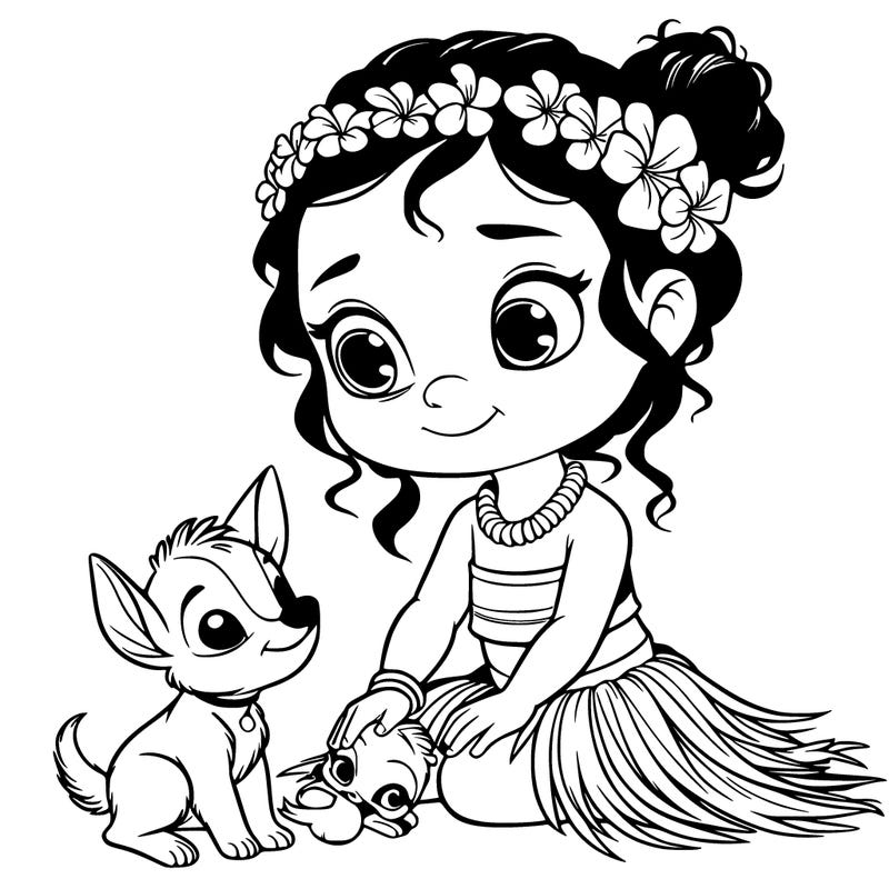 a litte hawain girl with a small animal by her side realistic
