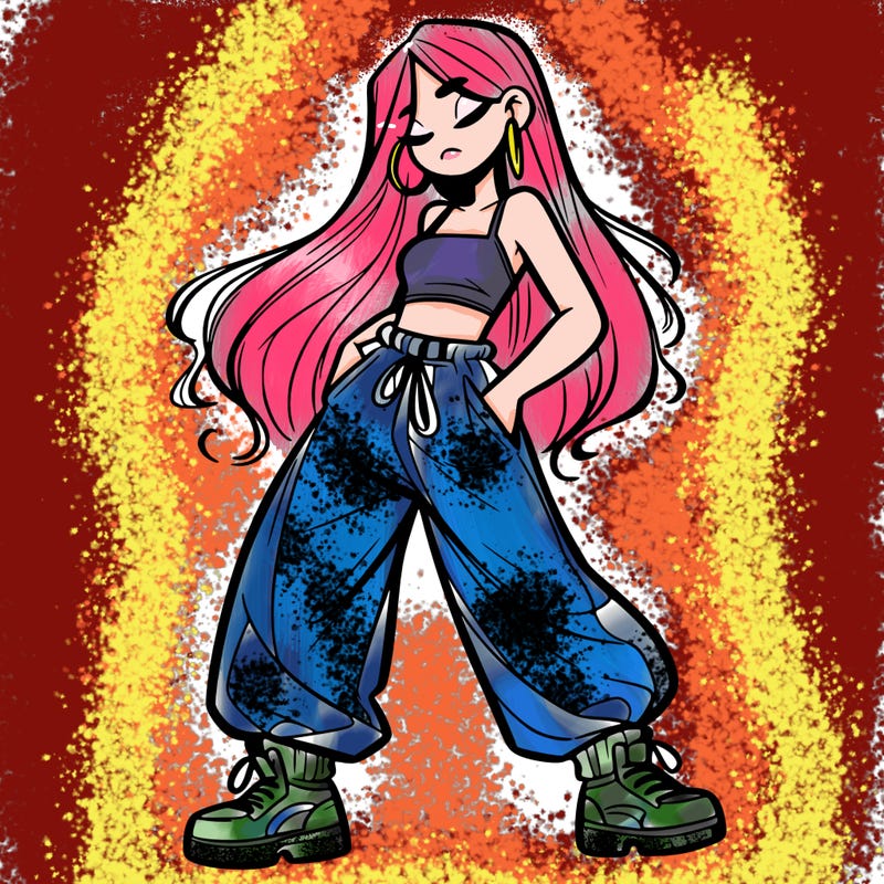 girl in baggy pants crop top and long hair