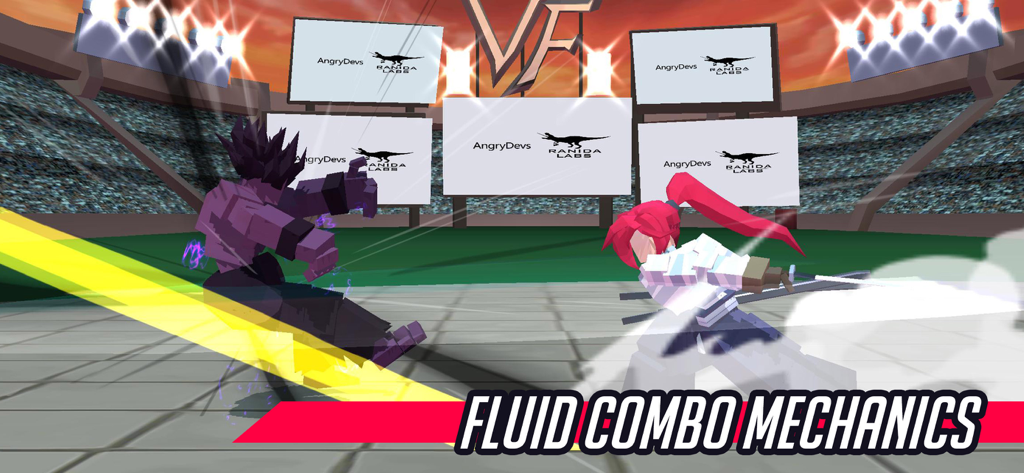 Vita Fighters - Two blocky anime characters fighting in a stadium with fluid combo mechanics text