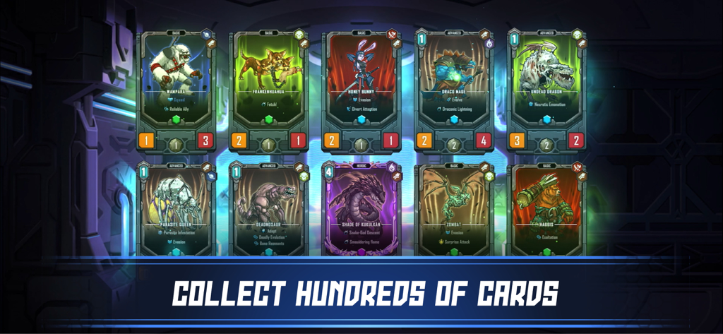 Mutants: Genesis - Une vitrine de diverses cartes de mutants à collectionner du jeu de stratégie Mutants Genesis.