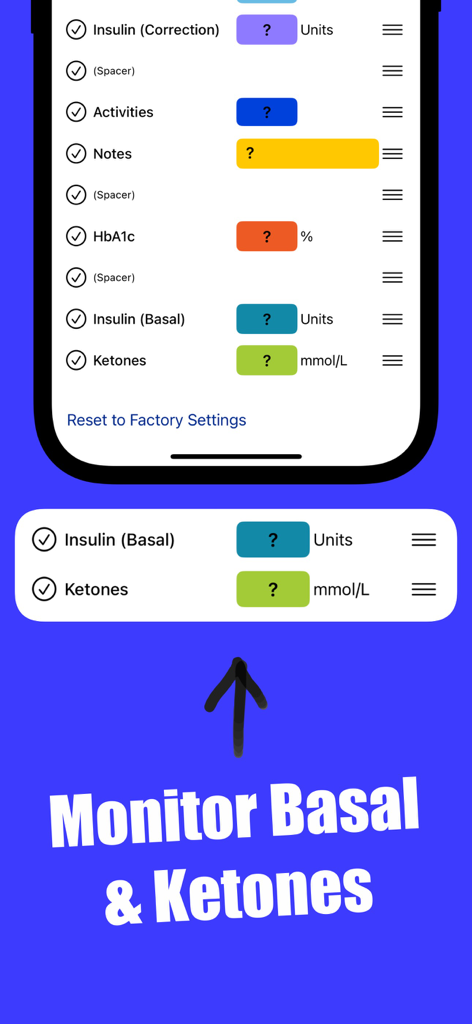 Diabetes Diary & Tracker Plus - Interface for tracking basal insulin and ketone levels in the Diabetes Diary app.