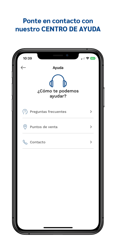 PEX PERU - PEX PERU app help center screen featuring options for FAQ, sales points, and contact.