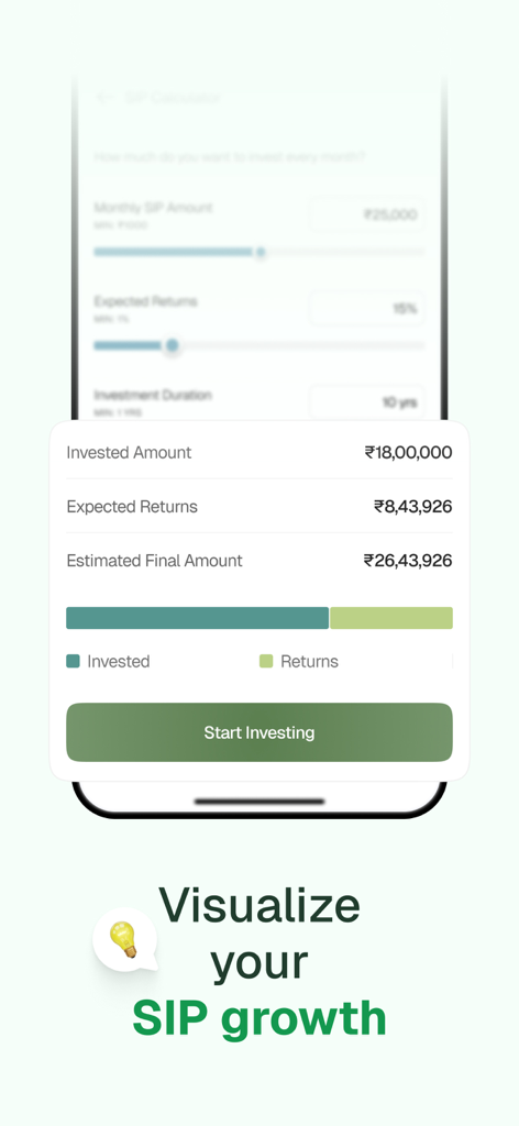 FundsIndia mobile app screen visualizing SIP growth and expected investment returns