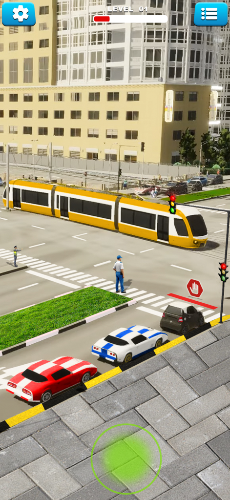 Traffic management gameplay showing cars stopped at an intersection for a passing yellow train in a 3D city environment.