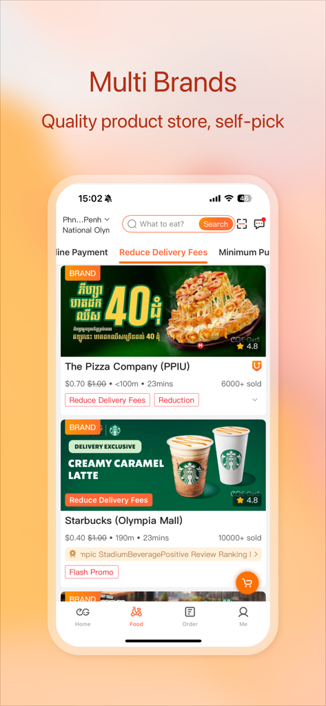 Oberfläche der E-GetS-App mit Essenslieferoptionen von Starbucks und The Pizza Company.