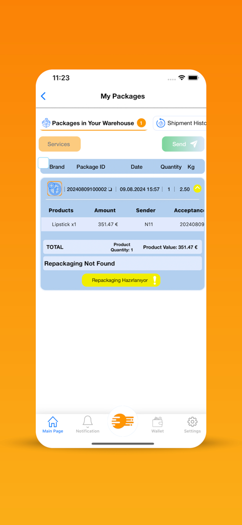 Yollando Global Shopping - The My Packages screen in the Yollando app displaying details for an item stored in the warehouse.