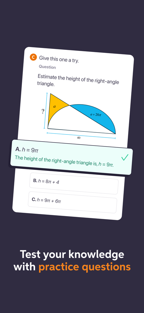 Chegg Study app screen showing a geometry practice question with a correct answer selected and the text Test your knowledge with practice questions.