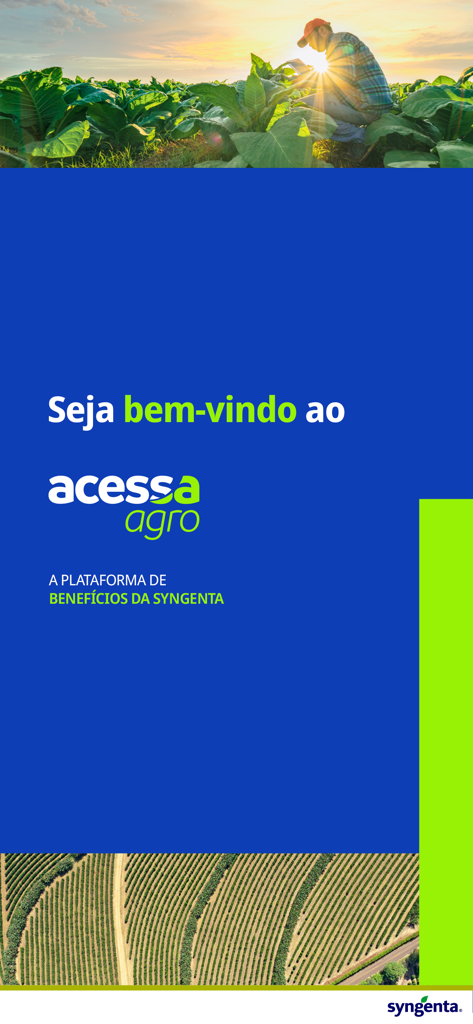 Acessa Agro - Tela de boas-vindas do Acessa Agro, a plataforma de benefícios da Syngenta, mostrando um agricultor em um campo