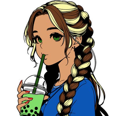 realistic girl with braided hair drinking boba