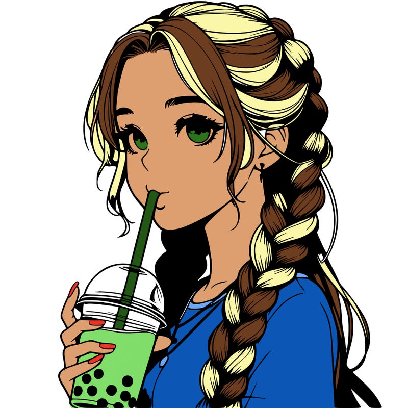 realistic girl with braided hair drinking boba