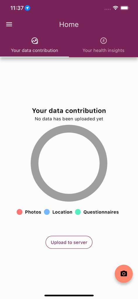 Rebecca - Home screen of the Rebecca app showing the data contribution tab with sections for photos, location, and questionnaires