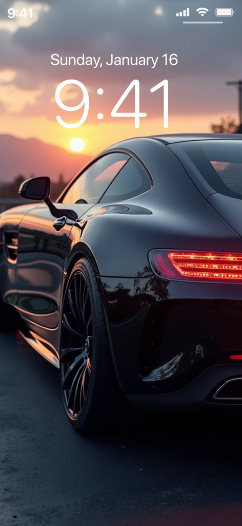 Car Wallpapers 4K | HD - Elegante fondo de pantalla de coche deportivo de lujo negro en la pantalla de bloqueo de un iPhone al atardecer