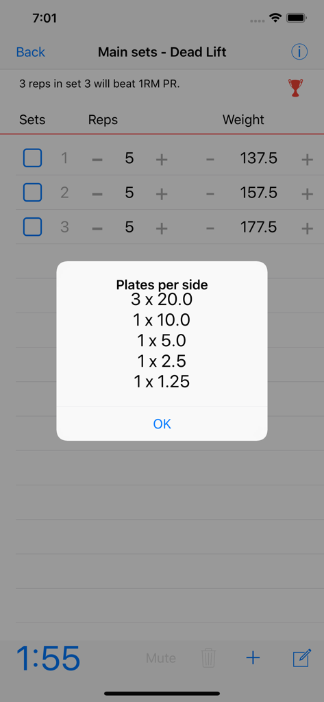 5/3/1 Workout logger - 531 - Oberfläche der 531 Workout Logger App, die das Pop-up des Gewichtsplatten-Rechners für ein Kreuzheben-Set zeigt.