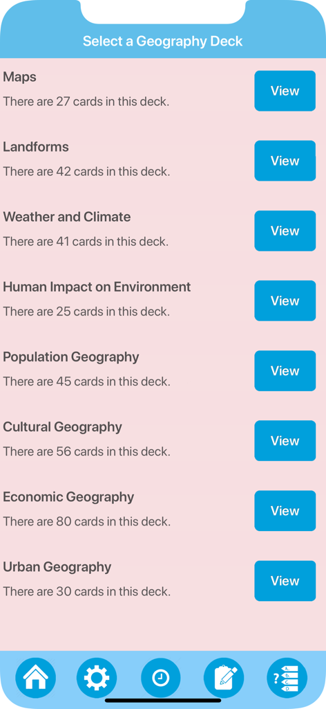 Science : Learn Geography - A menu screen listing various geography flashcard decks such as Maps and Population Geography for student study