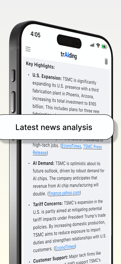 A smartphone displaying AI generated financial news highlights and analysis within the trAIding app interface
