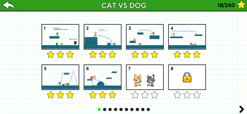 Brain It On! : Cat & Dog - Level selection screen in the Brain It On Cat and Dog mobile game showing completed levels with three star ratings and a grid background