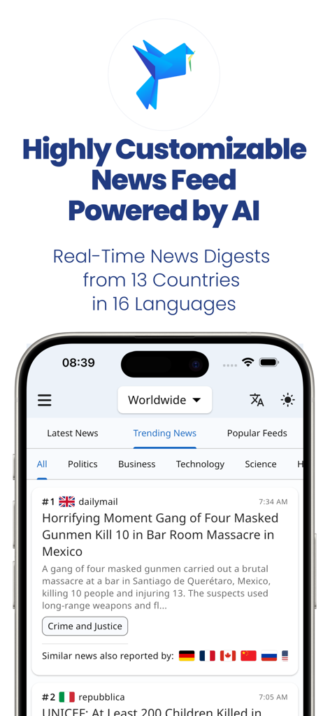 UniFeed News - UniFeed News app interface showing a customizable AI powered news feed with global headlines
